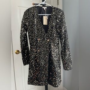 a.peach - Black & Gold Sequin Blazer-Dress, From Button, Long-Sleeve, N-neck